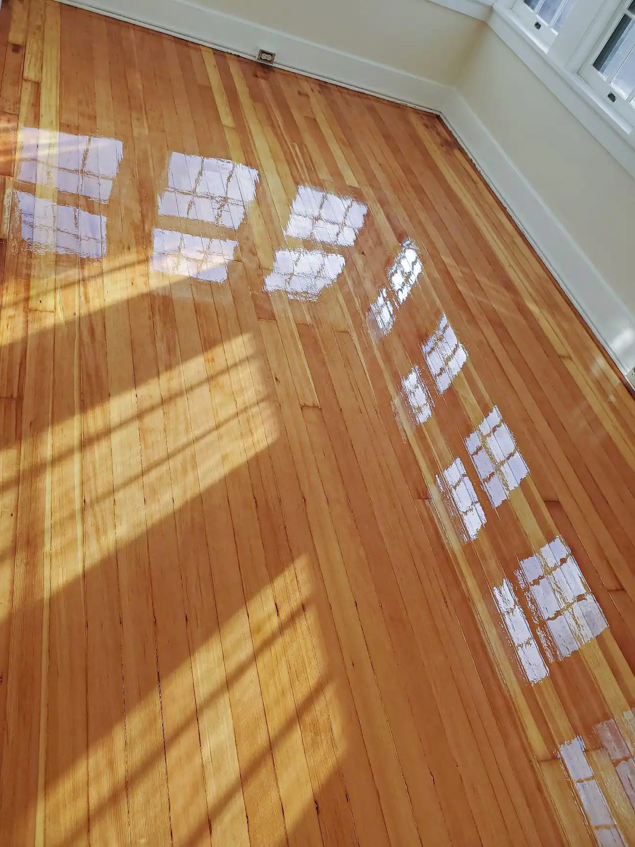 Original pine floor refinishing with satin poly in Shawnee, KS
